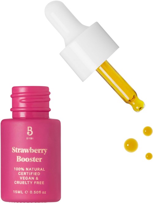 En rosa flaska märkt "Strawberry Booster" med en dropper som släpper ut gult flytande.