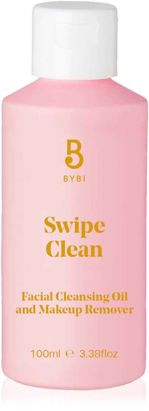 En lyserød flaske mærket 'Swipe Clean' til ansigtsrens og makeup-fjernelse, 100 ml.