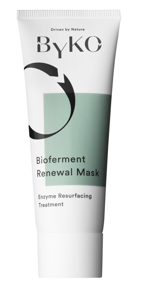 En tub med texten "Bioferment Renewal Mask" och en cirkulär pil som symbol.