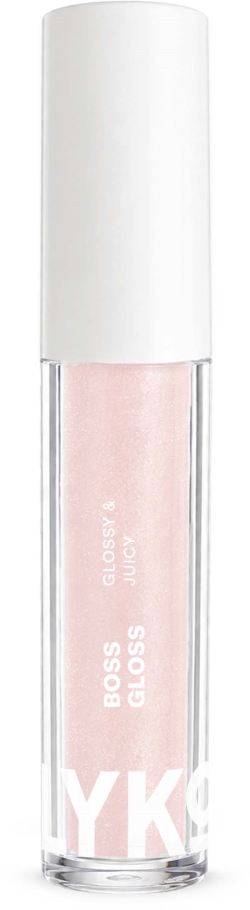 Roze lipgloss in doorzichtige tube met witte dop en applicator. Swatch erachter.