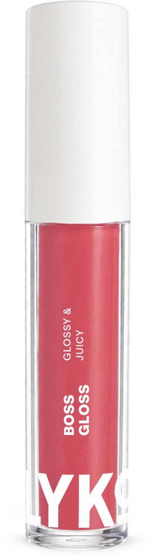 Lipgloss tube met roze applicator en glanzende roze achtergrond.