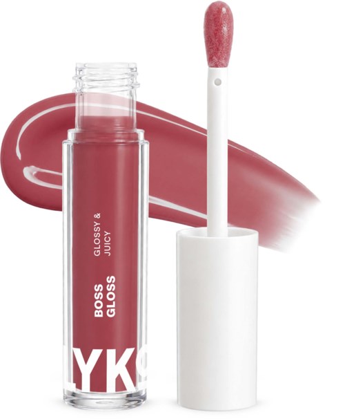 Een lipglossbuis met een witte kap, roze kleur en de woorden Boss Gloss Juicy op de voorkant.