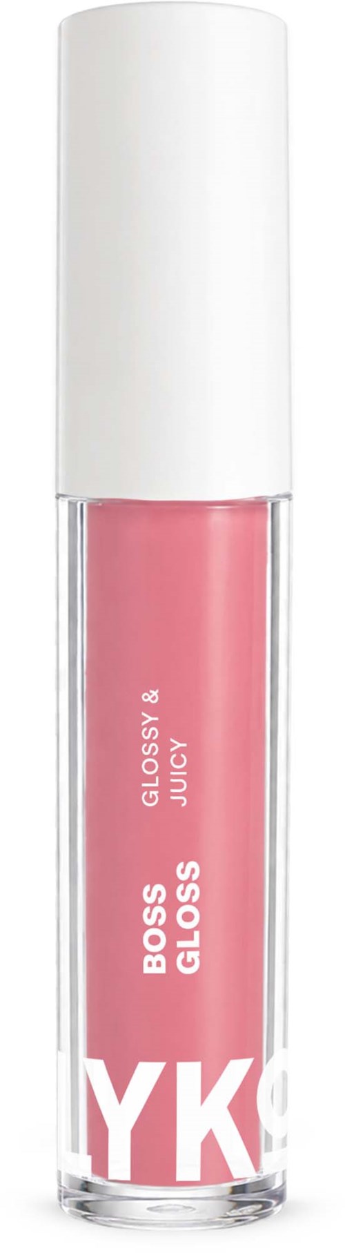 Een lipglosscontainer met roze gloss en een witte applicator, met een roze streep erachter.