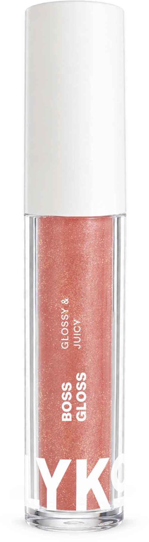 Een lipgloss tube met een roze kleur en een applicatorborstel, met een roze glans erachter.