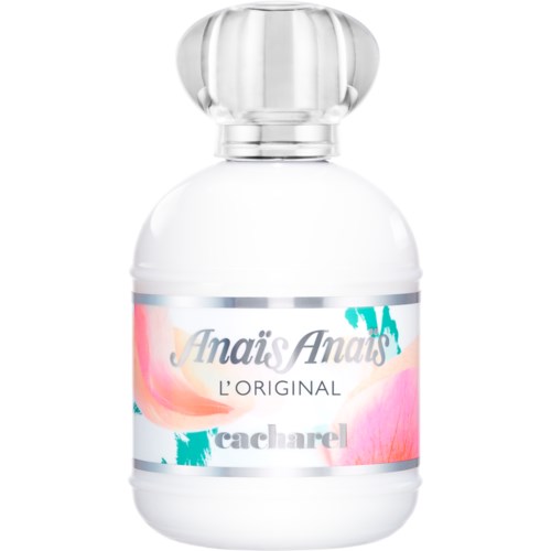 A white bottle with a rounded top and a colorful label displaying the text 'Anaïs Anaïs L'Original Cacherel.'