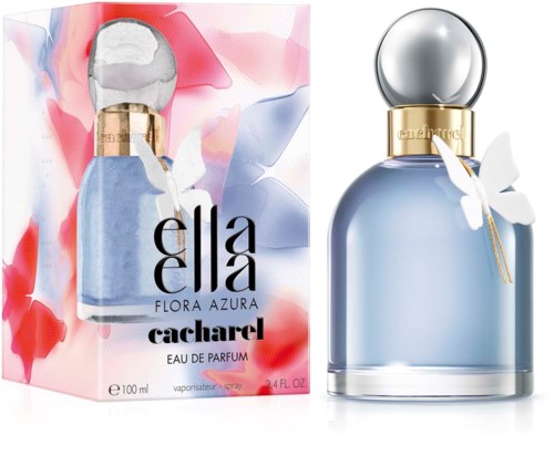 Een parfumfles en doos genaamd Ella Flora Azura Cacharel. De fles is blauw met een zilveren dop en vlinder detail.