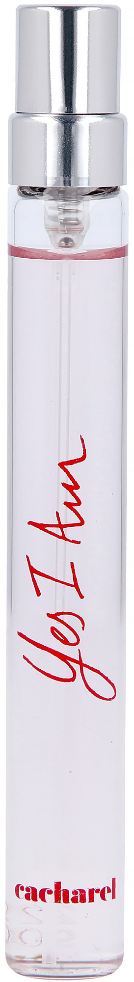 Ein Parfümflasche mit einem klaren zylindrischen Körper, silberner Kappe und rotem handgeschriebenem Text.