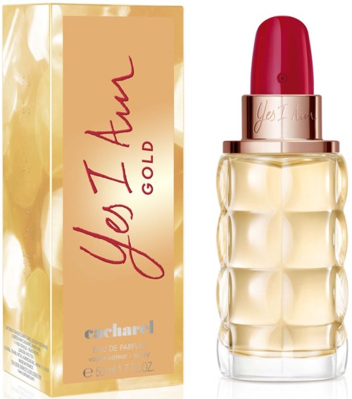 Ein Parfümbox und eine Lippenstiftflasche mit rotem Deckel und goldfarbenem Körper.