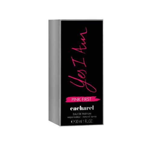 En parfyllåda med texten "You I Am" i rosa och svart, innehåller 30 ml doft, kallad "Pink First."