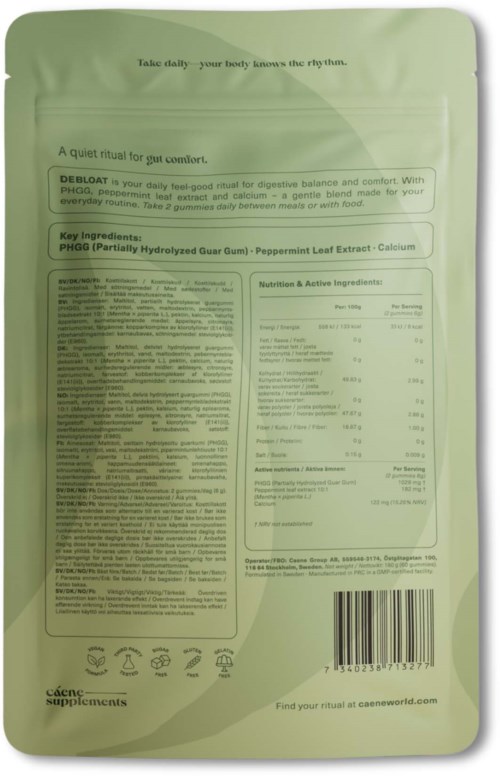 Baksidan av ett grönt paket med text om ingredienser och fördelar med ett örtbaserat kosttillskott. Streckkod längst ner.