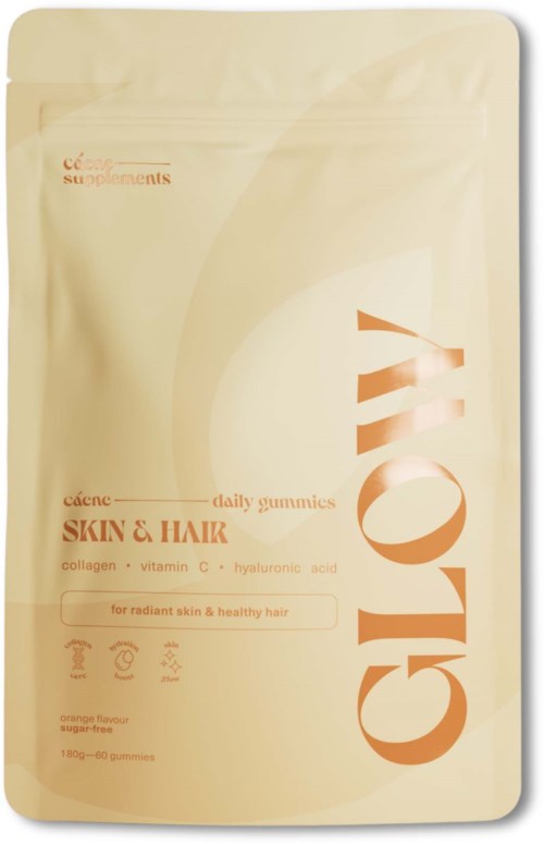 Beige förpackning med orange text som annonserar Glam hud- och hårgummier med kollagen, vitamin C och hyaluronsyra.