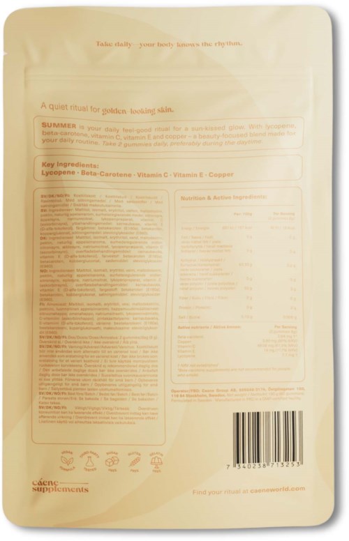Baksidan av ett hudvårdsproduktpaket med text om ingredienser och näringsinformation.