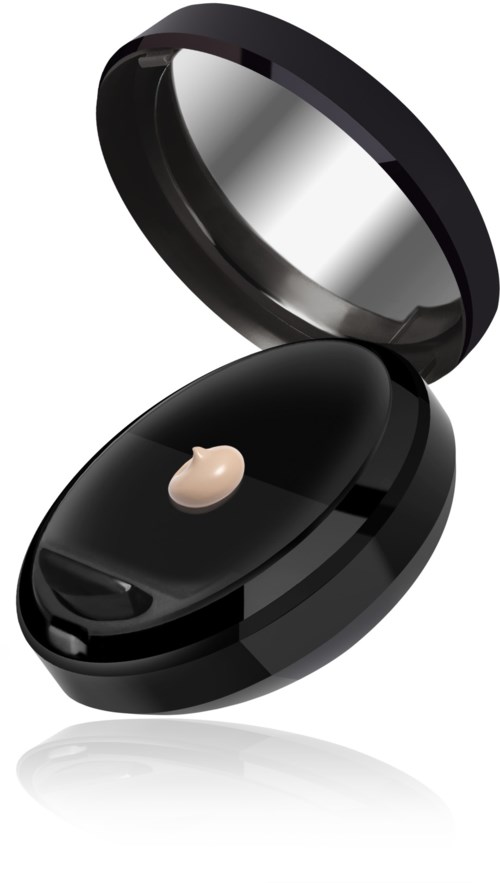 Ett svart kompaktlock med en spegel inuti, som innehåller beige kräm eller foundation.
