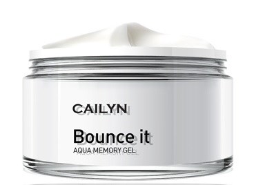 En vit burk med etiketten 'Cailyn Bounce It Aqua Memory Gel' och ett skruvkork.
