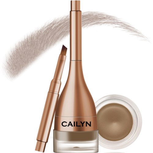 En sminkproduktuppsättning med flytande eyeliner, ögonbrynspenna och kräm i roséguldbehållare.