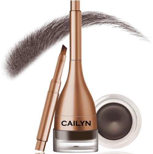 Kosmetiska verktyg och en flaska märkta 'CAILYN' med pensel och makeupprodukt.