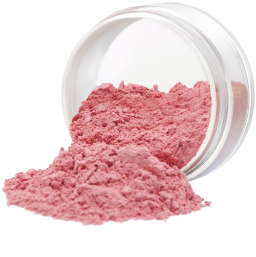 Rosa pulver spilld från en tydlig behållare, troligen kosmetiskt eller makeup-produkt.