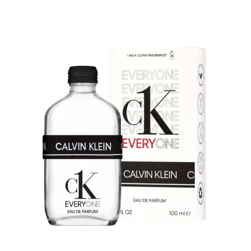 Een Calvin Klein-parfumbeker en doos, gemerkt 'Every One,' met een minimalistisch ontwerp in zwart, rood en wit.