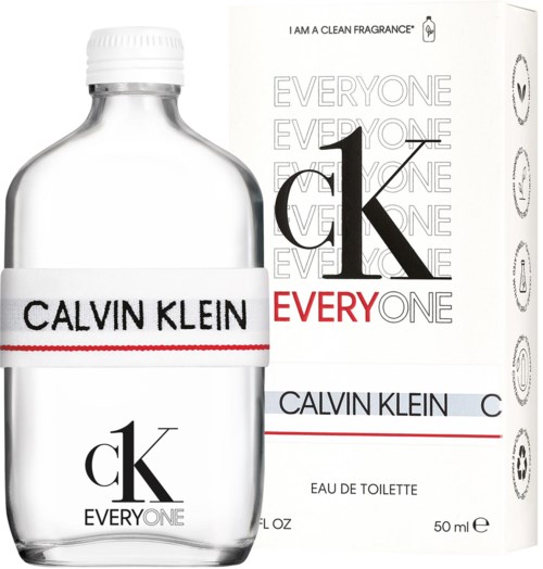 A Calvin Klein perfume bottle with a white box featuring the words "Everyone" repeated and a large "CK" logo.