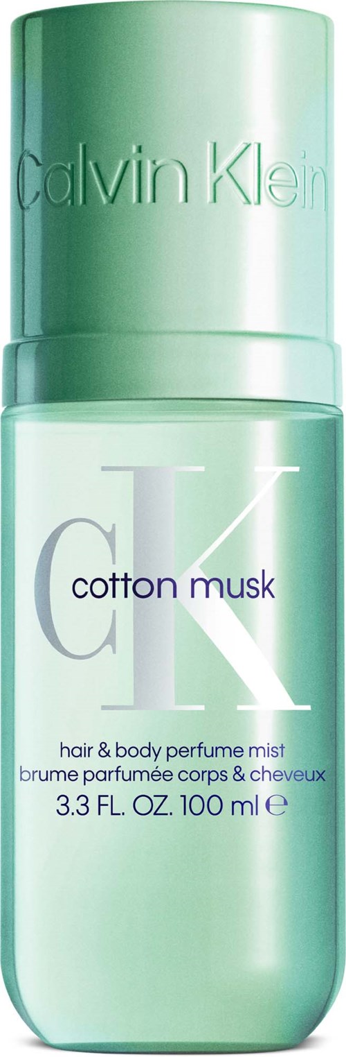 Calvin Klein Cotton Musk parfym mist i en ljusgrön flaska med lila och mörkblå text.