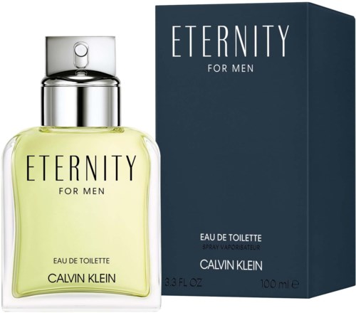 En parfyll瓶 och förpackning märkt Eternity for Men av Calvin Klein, med ljusgul vätska inuti.