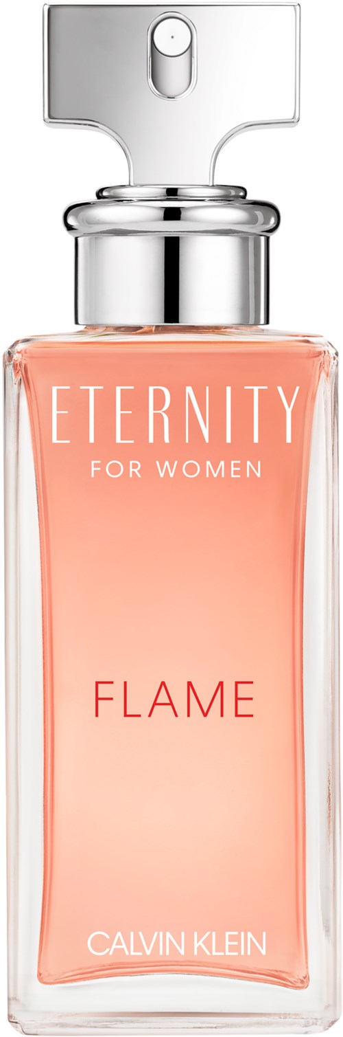 Vaaleanpunainen hajuvesipullo, jossa lukee "Eternity For Women Flame" Calvin Kleinilta hopeisella korkilla.