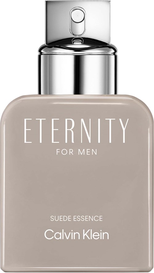 En flaske af Eternity for Men Suede Essence parfume af Calvin Klein med sølvstop og beige etikette.