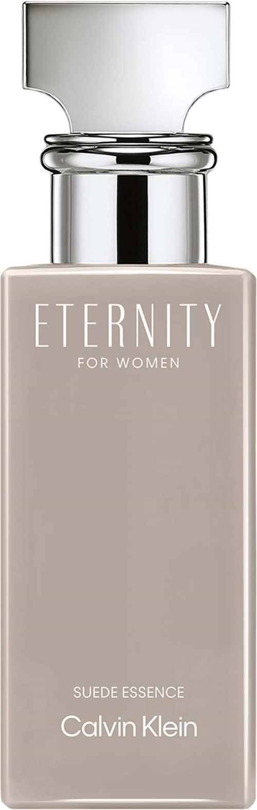 A beige perfume bottle labeled Eternity for Women, Calvin Klein, with a silver cap.
