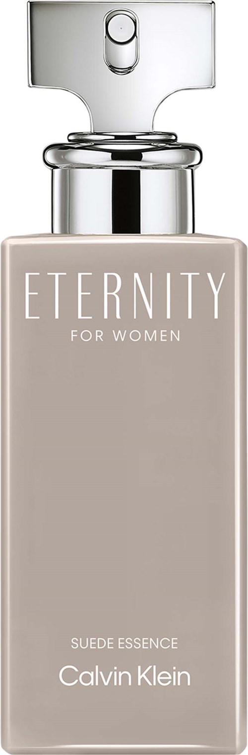 A beige bottle of Eternity for Women Suede Essence perfume by Calvin Klein with a silver spray nozzle.
