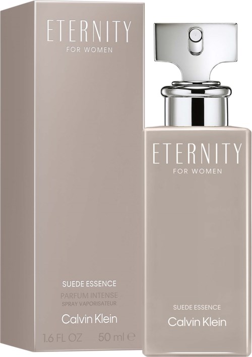 Calvin Klein Eternity for Women Suede Essence perfume bottle and box, beige color with silver spray cap.