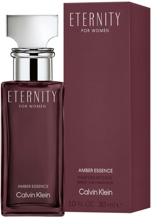 Een parfumfles en doos voor vrouwen 'Eternity Amber Essence' door Calvin Klein in paars en zilveren kleuren.