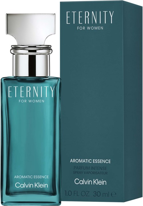 Een teal fles parfum en bijpassend doosjes met het label Eternity for Women en Calvin Klein, met een zilveren dop.