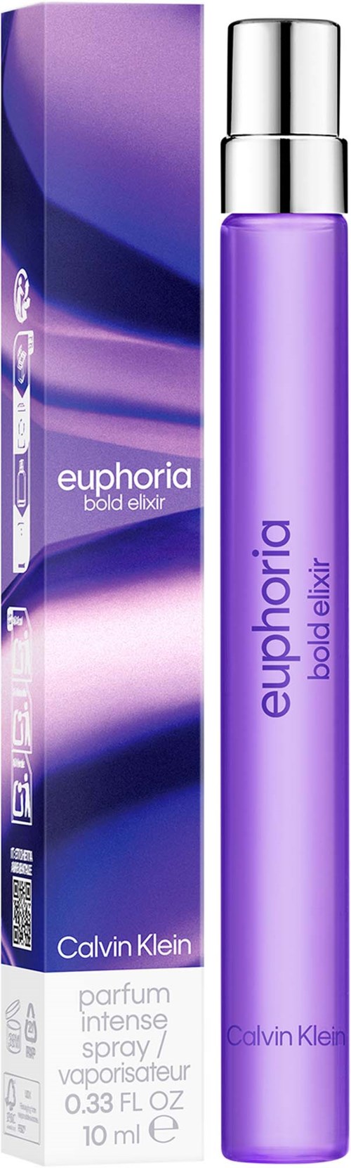 Een paarse sprayfles van Calvin Klein Euphoria body elixir parfum naast de verpakking.