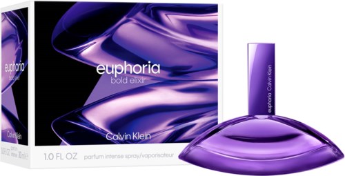 Lila parfumfles en doos met de naam Euphoria van Calvin Klein. Durf design en strakke uitstraling.