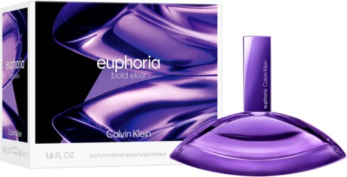 A perfume box and bottle with purple and blue colors, named euphoria bold elixir by Calvin Klein.