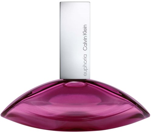 Calvin Klein Euphoric parfymflaska med en lila, läppformad design och en slät silverkork.