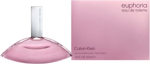 Lila parfyllflaska och förpackning för Euphoria av Calvin Klein, 50ml. Elegant och enkel design.