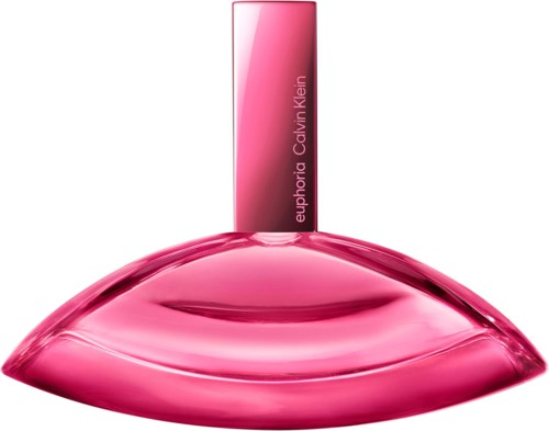 Een roze parfumfles met een slanke, ronde basis en een hoge, rechthoekige dop met Euphoric Calvin Klein.