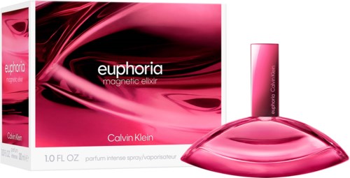 Euphoria parfumdoos en fles in roze, slank ontwerp met merk en geurnaam zichtbaar.