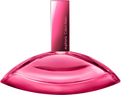 Roze parfumfles met ronde vorm en een lange, smalle dop. Calvin Klein logo zichtbaar op de fles.