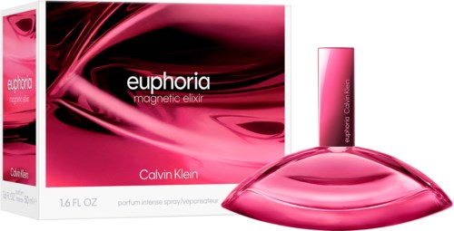 Een roze parfumfles en doos voor Calvin Klein's euphoria magnetic elixir. De doos is roze met zwart en wit ontwerp.