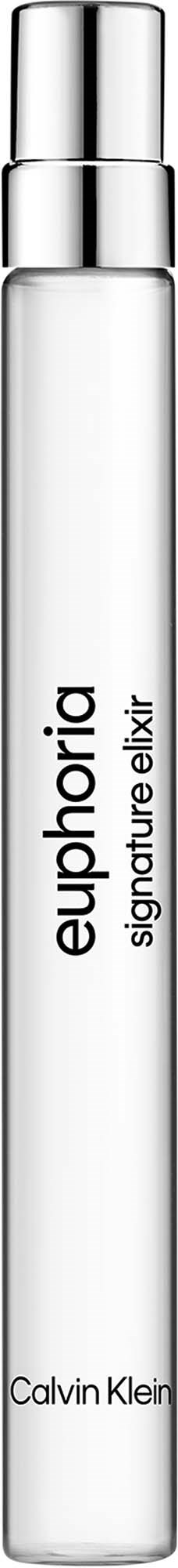 Ein langer, schlanker weißer ParfümFlasche mit silberner Kappe, beschriftet euphoric signature elixir von Calvin Klein.