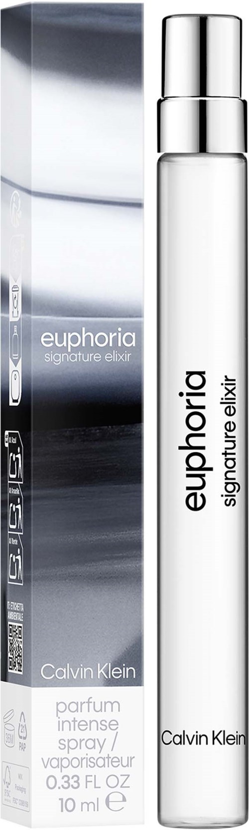 Euphoria Signature Elixir Parfümspray in einer langen weißen Flasche mit silberner Kappe, neben der silbernen und schwarzen Verpackung.
