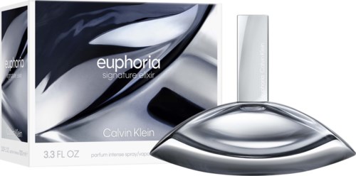 Calvin Klein euporia Parfüm mit schlanker, gebogener Glasflasche und weißem Sprühkopf.
