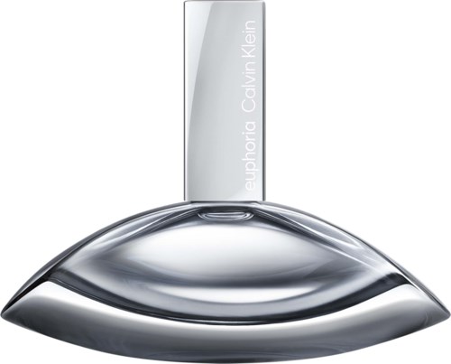 Eine elegante, moderne Flasche von Calvin Klein Eau de Parfum in Silber und Schwarz mit geschwungenem Design.