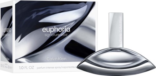 Calvin Klein Euphoric Parfümbox mit einem schlanken, silbernen Parfümflakon und einem weißen Duftnachfüllbehälter.