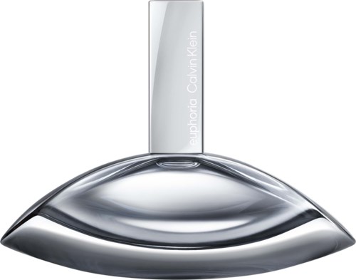 Ein eleganter, glänzender Parfümflakon mit geschwungener Form und langem, silbernem Deckel mit Calvin Klein.