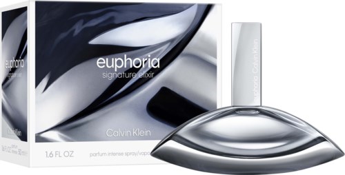 Calvin Klein Euphoria Signature Elixir Parfümflasche mit silberner eleganter Form neben der Verpackung mit abstraktem schwarzen, grauen und weißen Design.