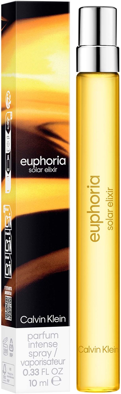 Een lange, slanke gele parfumfles met een zilveren dop, genaamd Euphoria Solar Elixir, naast de doos.