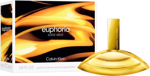 Gouden parfumfles en doos met zwarte en gouden zwellingen, genaamd euphoric solar elixir door Calvin Klein.